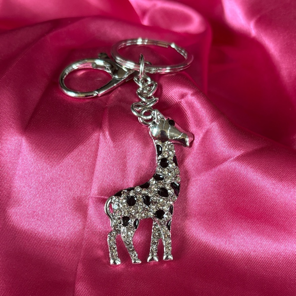 Silver and Black Giraffe with clear stones bag charm/Keychain